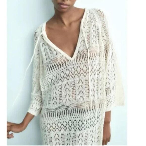 NWT ZARA Crochet Maxi Dress Sheer Open Knit Long Sleeve Beach Cover Up Dress M - Picture 6 of 6